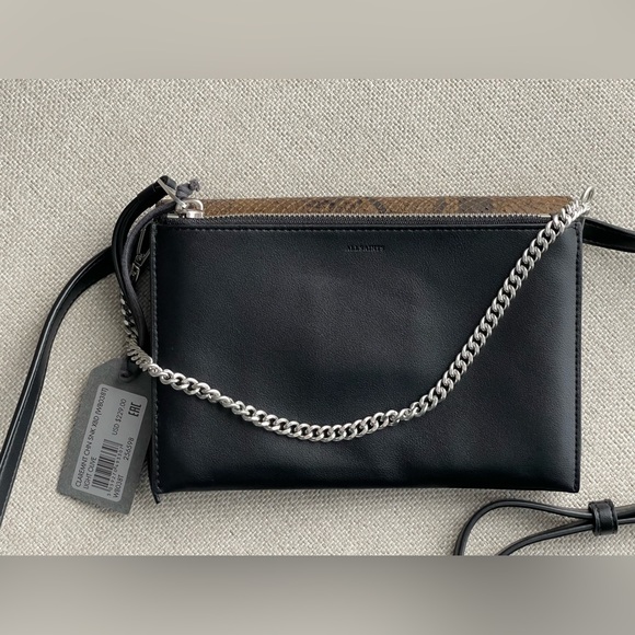 New All Saints Claremount Leather Chain Snake Crossbody Bag In Light Olive - Picture 10 of 13